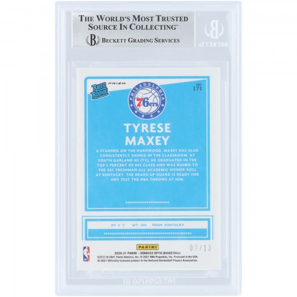 Tyrese Maxey Philadelphia 76ers 2020-21 Panini Donruss Optic Purple Stars Prizm #171 #7/13 BGS Authenticated 9 Rookie Card - 8.5,9.5,9.5,9 Subgrades