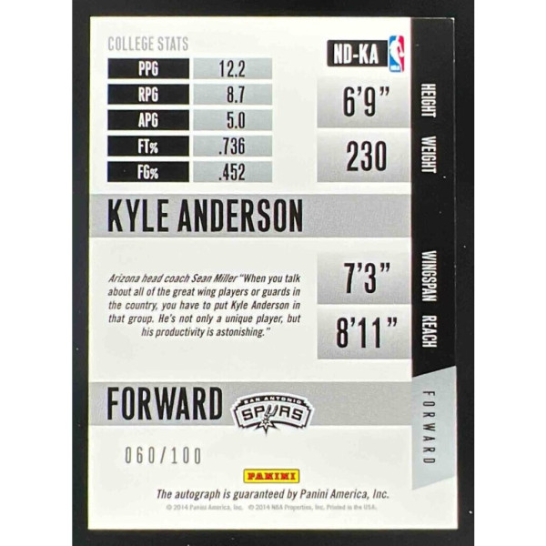 2014-15 Panini Paramount Next Day Autographs #ND-KA Kyle Anderson RC Auto /100