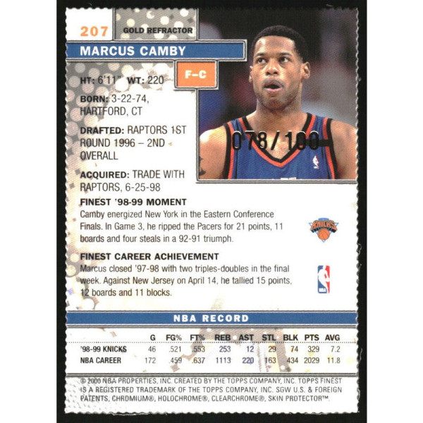1999-00 Topps Finest Gold Refractors #207 Marcus Camby /100
