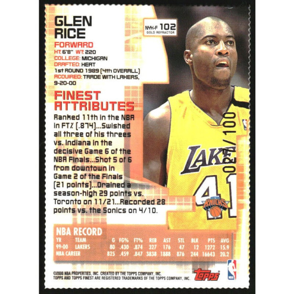 2000-01 Topps Finest Gold Refractors #102 Glen Rice /100