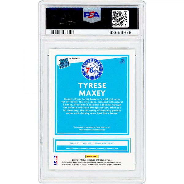 Tyrese Maxey Philadelphia 76ers Autographed 2020-21 Panini Donruss Optic Rated Rookie Holo Prizm #171 PSA Authenticated 9 Rookie Card