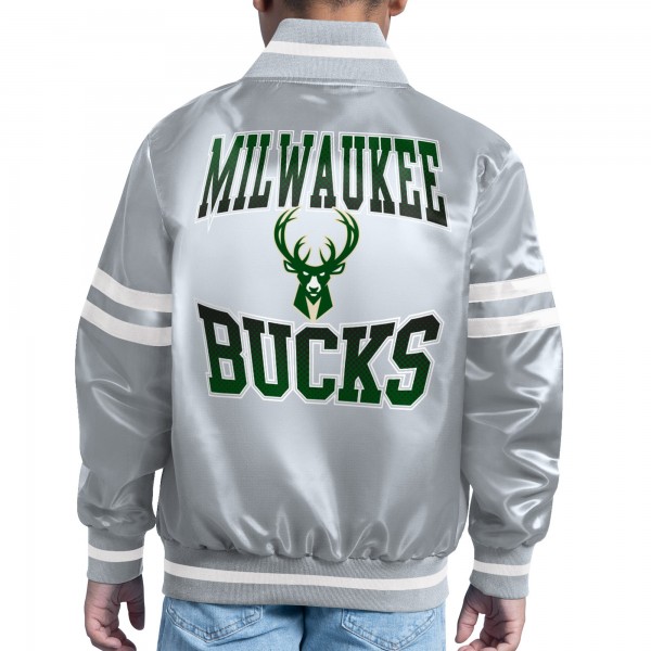 Подростковая Milwaukee Bucks Starter Gray Comic-Style Satin Full-Snap Varsity Jacket
