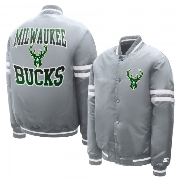 Подростковая Milwaukee Bucks Starter Gray Comic-Style Satin Full-Snap Varsity Jacket