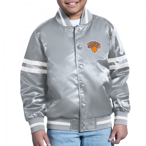 Подростковая New York Knicks Starter Gray Comic-Style Satin Full-Snap Varsity Jacket