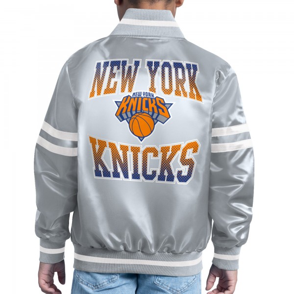 Подростковая New York Knicks Starter Gray Comic-Style Satin Full-Snap Varsity Jacket