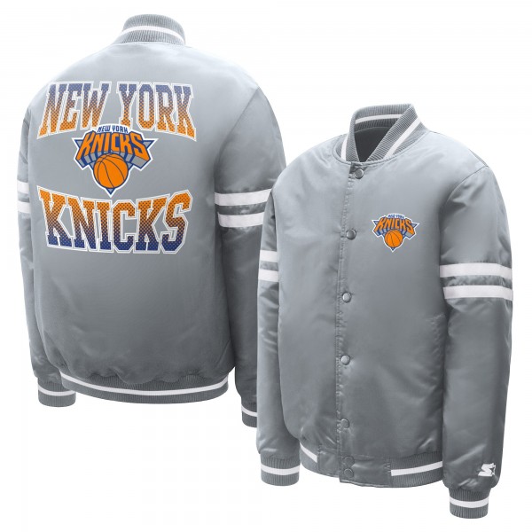 Подростковая New York Knicks Starter Gray Comic-Style Satin Full-Snap Varsity Jacket