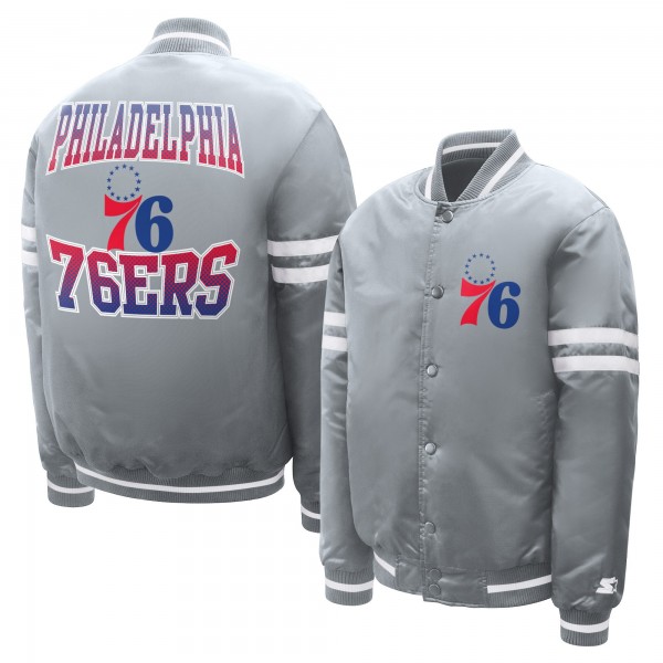 Подростковая Philadelphia 76ers Starter Gray Comic-Style Satin Full-Snap Varsity Jacket