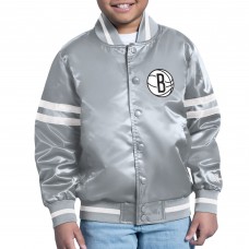 Подростковая Brooklyn Nets Starter Gray Comic-Style Satin Full-Snap Varsity Jacket