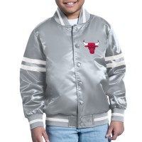 Подростковая Chicago Bulls Starter Gray Comic-Style Satin Full-Snap Varsity Jacket