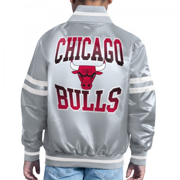 Подростковая Chicago Bulls Starter Gray Comic-Style Satin Full-Snap Varsity Jacket