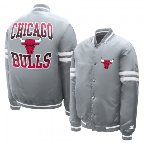 Подростковая Chicago Bulls Starter Gray Comic-Style Satin Full-Snap Varsity Jacket