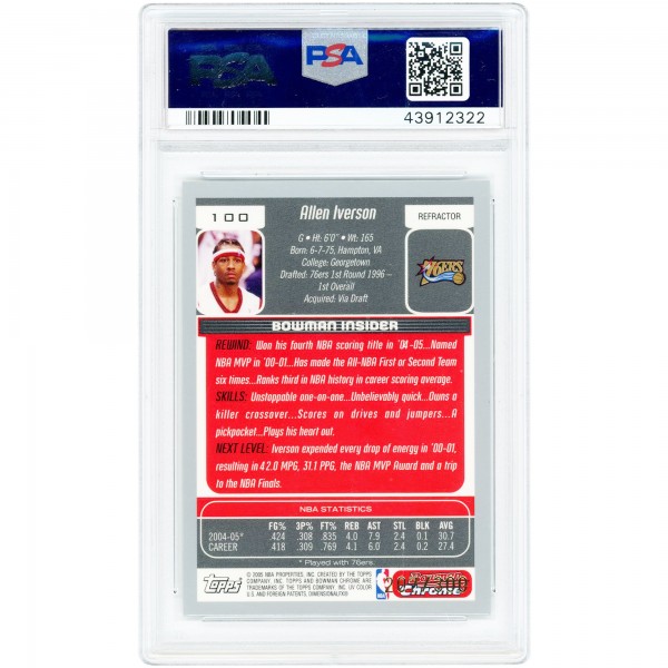 Allen Iverson Philadelphia 76ers 2005 Bowman Draft Picks & Pros Chrome Refractor #100 #207/300 PSA Authenticated 9 Card