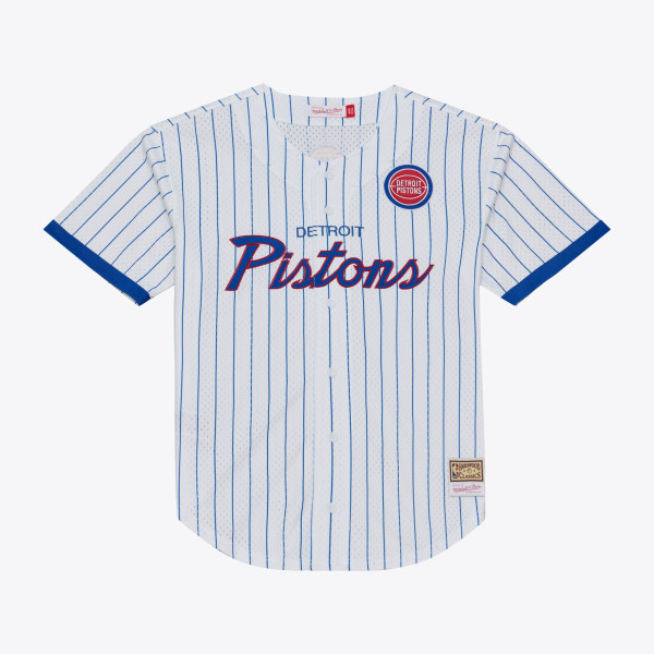 Detroit Pistons Mitchell & Ness White Head Coach Pinstripe Mesh Full-Button Baseball Jersey