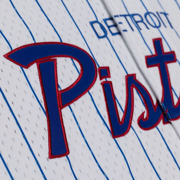 Detroit Pistons Mitchell & Ness White Head Coach Pinstripe Mesh Full-Button Baseball Jersey