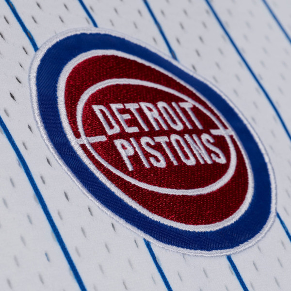 Detroit Pistons Mitchell & Ness White Head Coach Pinstripe Mesh Full-Button Baseball Jersey