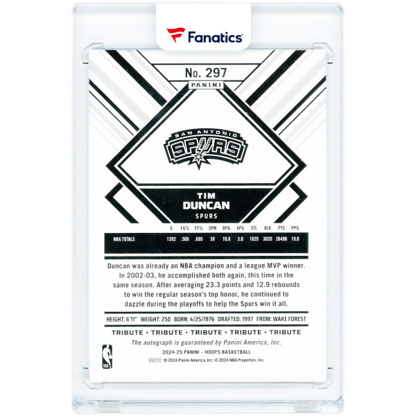 Карточка Tim Duncan San Antonio Spurs Autographed 2024-25 Panini Hoops Tribute #297 #2/10