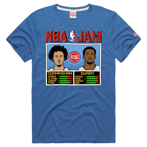 Unisex Detroit Pistons Jalen Duren & Cade Cunningham Homage Blue NBA Jam Tri-Blend T-Shirt