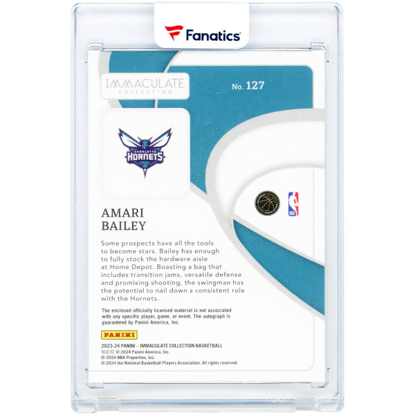 Карточка Amari Bailey Charlotte Hornets Autographed 2023-24 Panini Immaculate Collection Jumpman Dual-Color Logo Relic #127 #3/5
