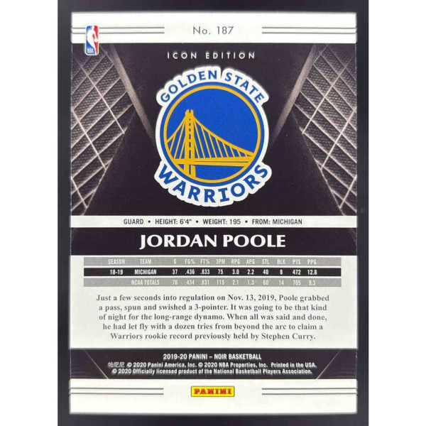 2019-20 Panini Noir #187 Jordan Poole RC /99