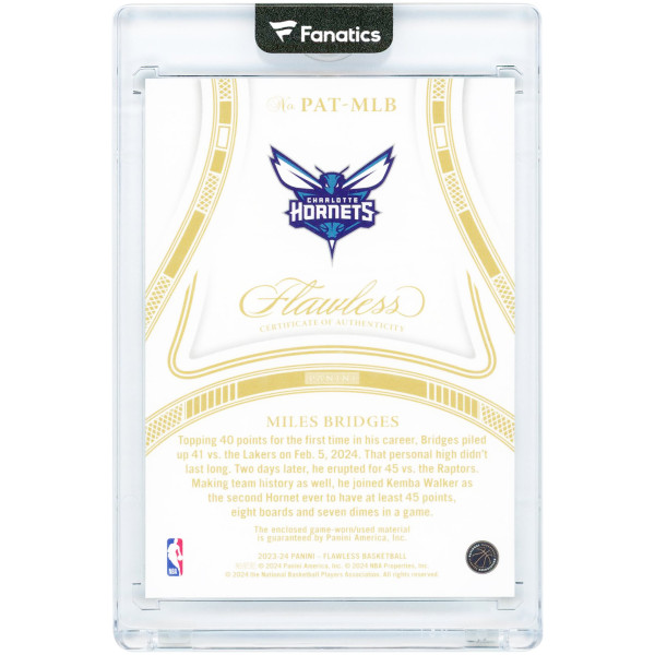 Карточка Miles Bridges Charlotte Hornets 2023-24 Panini Flawless Emerald Game-Used Jumpman Logo Dual-Color Relic #PAT-MLB #3/5