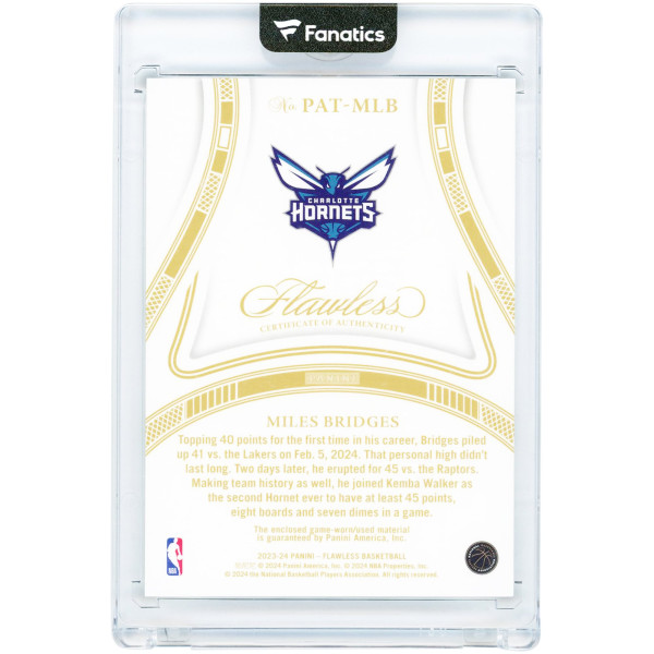 Карточка Miles Bridges Charlotte Hornets 2023-24 Panini Flawless Emerald Game-Used Jumpman Logo Dual-Color Relic #PAT-MLB #2/5