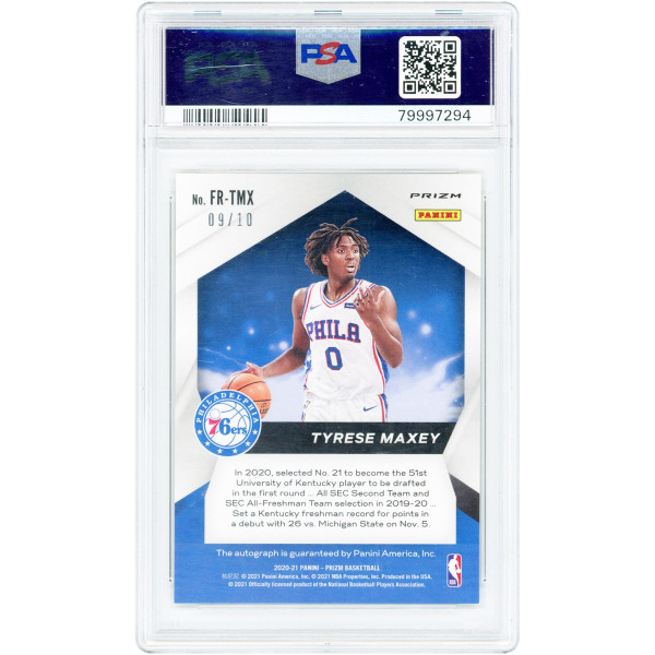 Карточка Tyrese Maxey Philadelphia 76ers Autographed 2020-21 Panini Prizm Gold Disco Fast Break #FR-TMX #9/10 PSA Authenticated 9