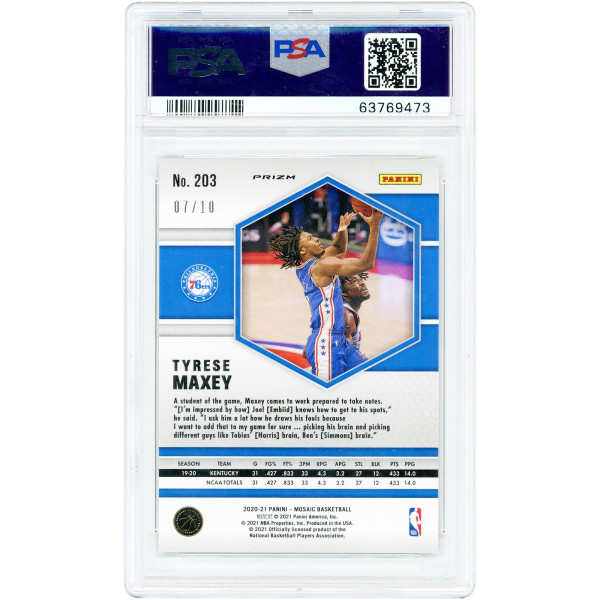 Карточка Tyrese Maxey Philadelphia 76ers 2020-21 Panini Mosaic Gold Mosaic Prizm #203 #7/10 PSA Authenticated 10