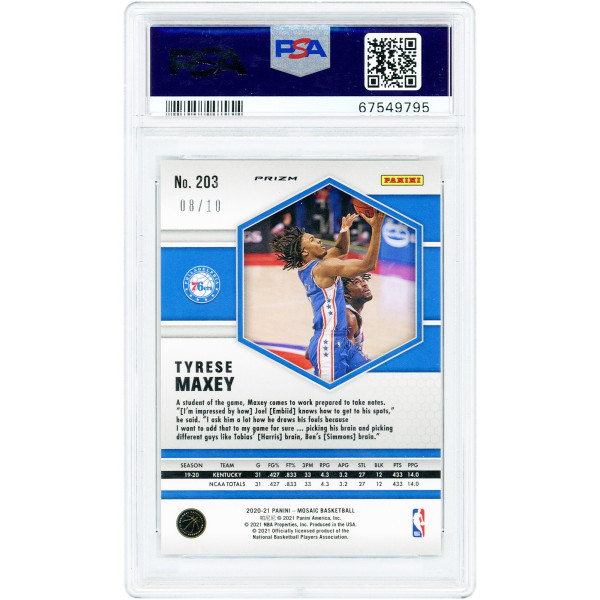 Карточка Tyrese Maxey Philadelphia 76ers 2020-21 Panini Mosaic Fast Break Gold Prizm #203 #8/10 PSA Authenticated 9