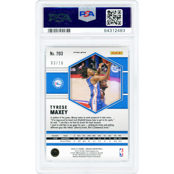 Карточка Tyrese Maxey Philadelphia 76ers 2020-21 Panini Mosaic Pink Fluorescent Prizm #203 #3/10 PSA Authenticated 10