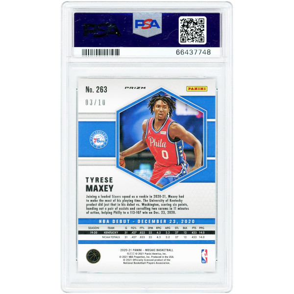 Карточка Tyrese Maxey Philadelphia 76ers 2020-21 Panini Mosaic Gold Mosaic Prizm #263 #3/10 PSA Authenticated 9