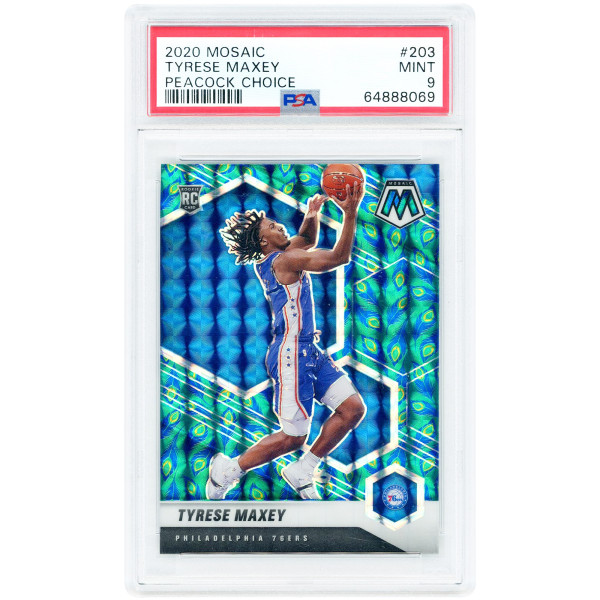 Карточка Tyrese Maxey Philadelphia 76ers 2020-21 Panini Mosaic Peacock Choice Prizm #203 PSA Authenticated 9