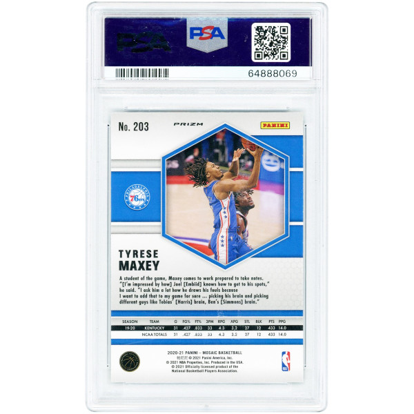 Карточка Tyrese Maxey Philadelphia 76ers 2020-21 Panini Mosaic Peacock Choice Prizm #203 PSA Authenticated 9