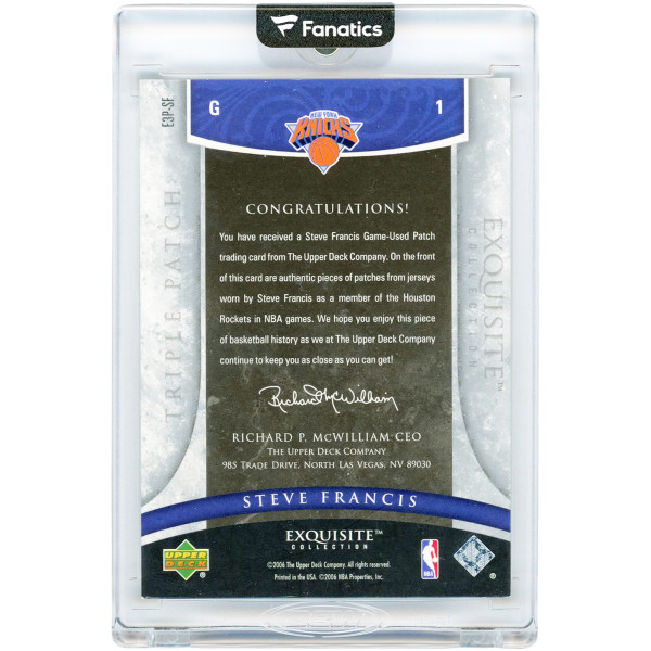 Карточка Steve Francis New York Knicks 2005-06 Upper Deck Exquisite Collection Triple Patch Game-Used Dual-Color Jersey Relics #E3P-SF #4/10