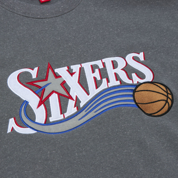 Philadelphia 76ers Mitchell & Ness Heather Gray Snow Washed Fleece Crewneck