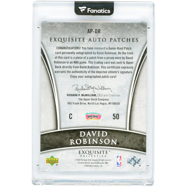 Карточка David Robinson San Antonio Spurs Autographed 2006 Upper Deck Exquisite Collection Exquisite Auto Patches GU Relic #AP-DR #66/100