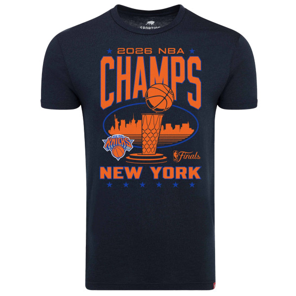 Футболка Unisex New York Knicks Sportiqe Navy 2026 NBA Finals Champions Trophy Skyline