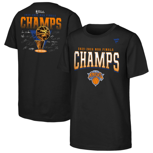 Подростковая New York Knicks Fanatics Black 2026 NBA Finals Champions Trophy Signature Roster T-Shirt