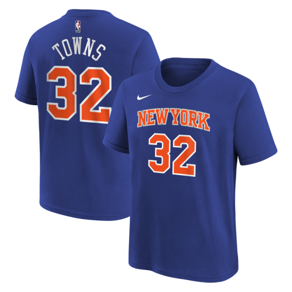 Подростковая New York Knicks Karl-Anthony Towns Nike Blue Icon Name & Number T-Shirt