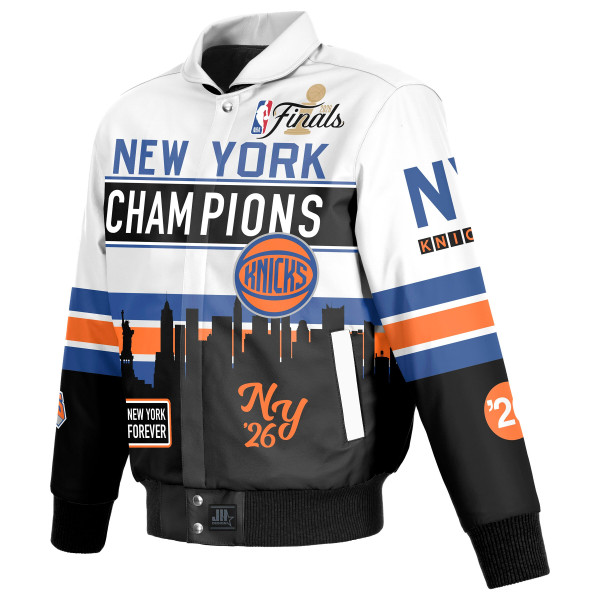 Куртка New York Knicks JH Design White 2026 NBA Finals Champions Leather Full-Snap