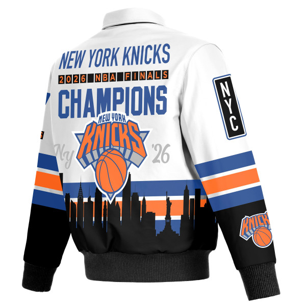 Куртка New York Knicks JH Design White 2026 NBA Finals Champions Leather Full-Snap