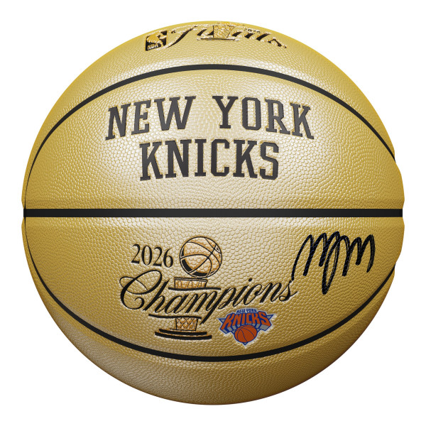 Мяч с автографом Miles McBride New York Knicks Fanatics Authentic 2026 NBA Finals Champions Wilson Champions Logo Gold
