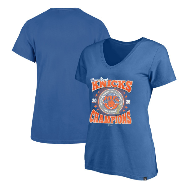 Женская Футболка New York Knicks 47 Blue 2026 NBA Finals Champions Plus Size V-Neck