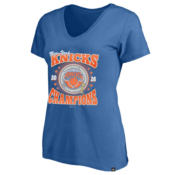 Женская Футболка New York Knicks 47 Blue 2026 NBA Finals Champions Plus Size V-Neck