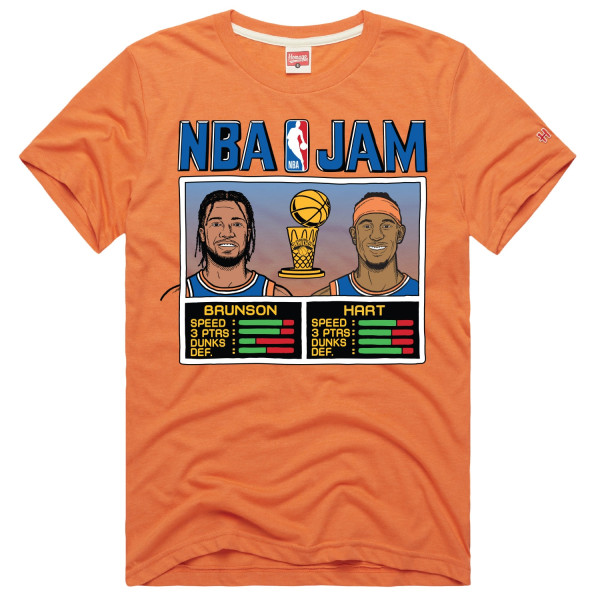 Футболка Unisex New York Knicks Josh Hart & Jalen Brunson Homage Orange 2026 NBA Finals Champions Jam Tri-Blend