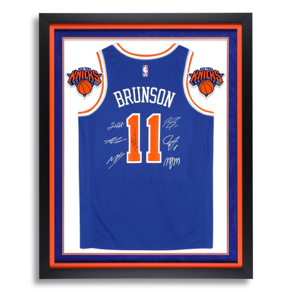 Джерси с автографом New York Knicks Fanatics Authentic 2026 NBA Finals Champions Deluxe Framed Blue Nike Jalen Brunson #11 Icon Edition Swingman with at least 7 Signatures - Limited Edition of 500