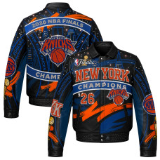 Куртка New York Knicks JH Design Navy/Orange 2026 NBA Finals Champions Limited-Edition Swarovski Crystal Leather Full-Snap