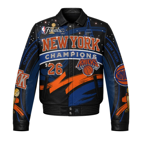 Куртка New York Knicks JH Design Navy/Orange 2026 NBA Finals Champions Limited-Edition Swarovski Crystal Leather Full-Snap