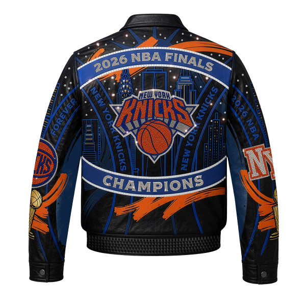 Куртка New York Knicks JH Design Navy/Orange 2026 NBA Finals Champions Limited-Edition Swarovski Crystal Leather Full-Snap
