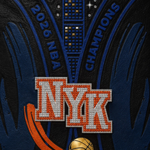 Куртка New York Knicks JH Design Navy/Orange 2026 NBA Finals Champions Limited-Edition Swarovski Crystal Leather Full-Snap