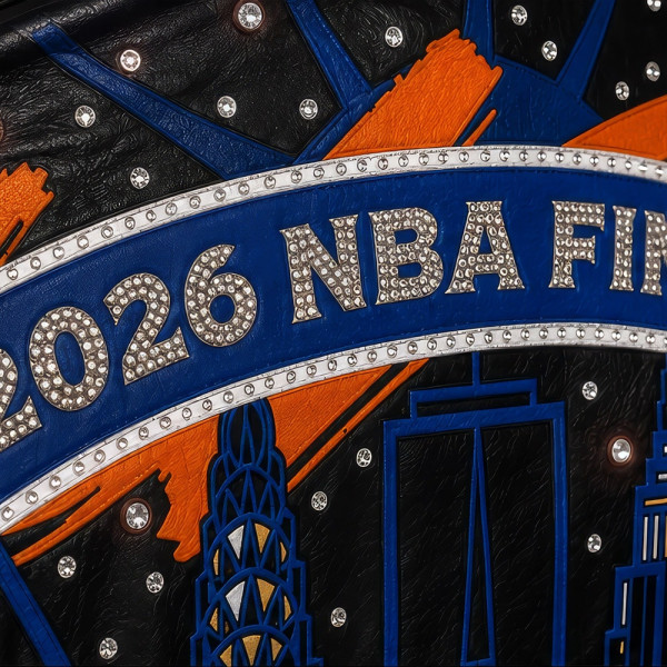 Куртка New York Knicks JH Design Navy/Orange 2026 NBA Finals Champions Limited-Edition Swarovski Crystal Leather Full-Snap